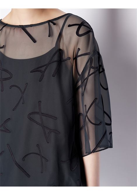 Blusa blu in organza con scritta logo all over e canotta a tinta unita con spalline sottili ARMANI EXCHANGE | Camicie | 3RYH26 YN2KZ15CO